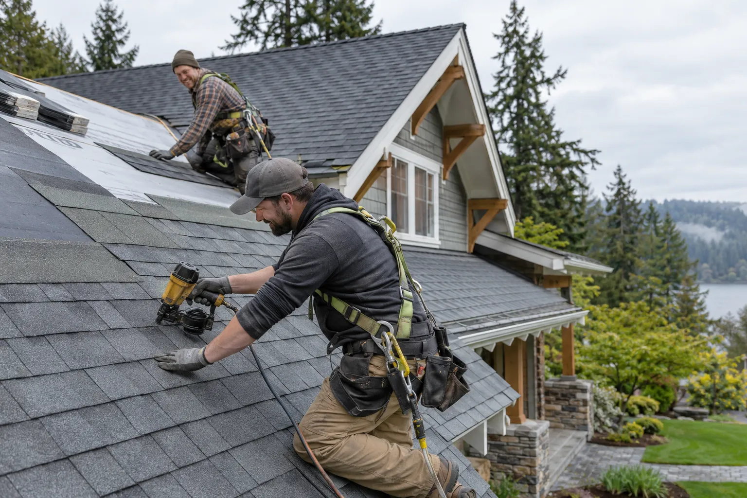 Roofing provider installing new shingles on a wood-frame home in Carbonado